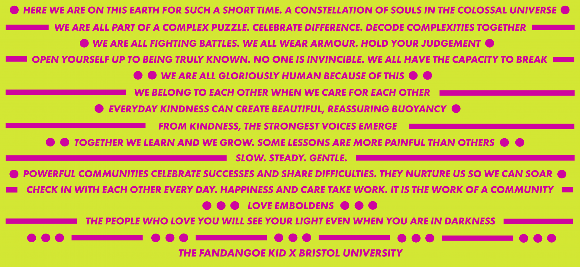 Various phrases related to mental health are displayed in magenta writing on a lime-green background.